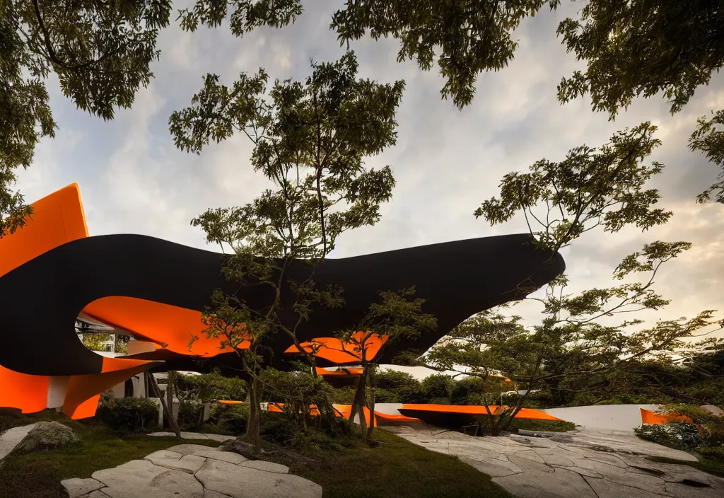 Image similar to photo of the exterior of a futuristic organic japanese house, dramatic lighting, black and orange colour palette, wide angle shot, archviz