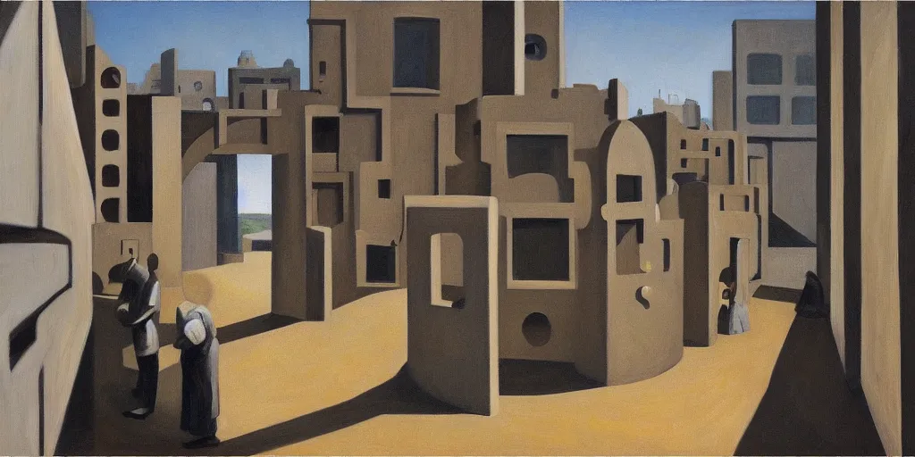 Image similar to first person view of a stark concrete maze, people peering into portholes, grant wood, pj crook, edward hopper, oil on canvas