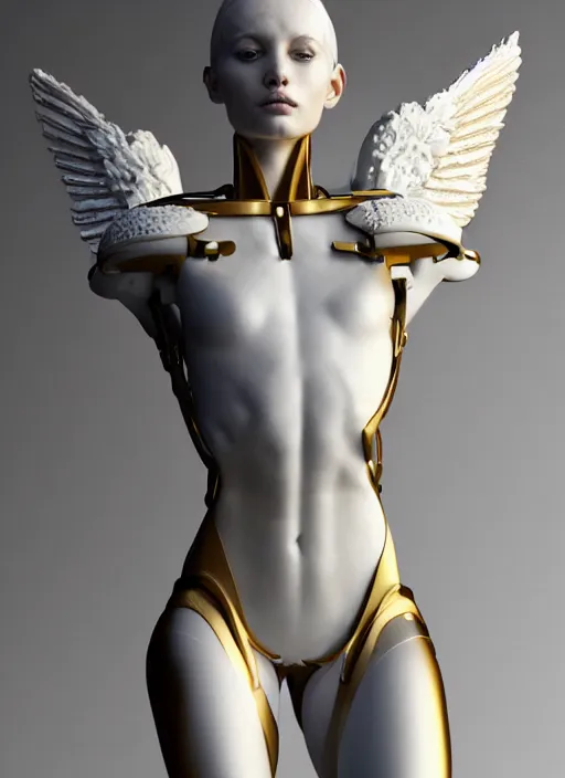 Image similar to a statue made of white marble with gold veins, of an beautiful gorgeous futuristic cybernetic angel athletic girl, prostheses, transhumanism, full body shot, perfect symmetrical body, perfect symmetrical face, hyper realistic, hyper detailed, by johannen voss, by peter kemp, by monia merlo, by michelangelo, octane render, blender, 8 k