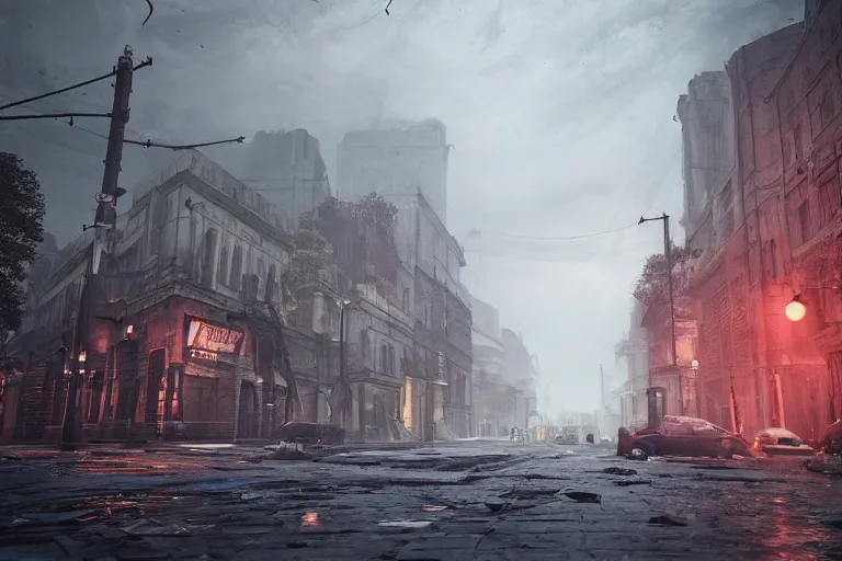 Prompt: the post-apocalyptic streets of London during a heavy thunderstorm, unreal engine 5, hyperdetailed, photorealistic, trending on artstation