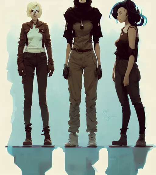 Prompt: portrait of stoic heroic blonde tomboy butch woman engineer and tall black - haired goth feminine woman standing back to back by atey ghailan, by greg rutkowski, by greg tocchini, by james gilleard, by joe fenton, by kaethe butcher, dynamic lighting, gradient light blue, brown, blonde cream and white color scheme, grunge aesthetic