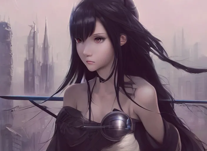 Prompt: girl with long black hair and a long black sword in front of a sci fi cityscape, ryohei fuke, makoto shinkai, detailed, cinematic, ultra - wide angle, dark sepia toned shading, luminescent eyes, detailed face, blue fire, trending on artstation, artgerm, wlop.