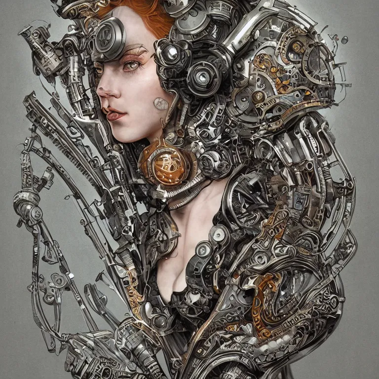 Image similar to ultra realistic illustration of a retro futuristic female cyborg punk art nouveau filgree scrollwork, masterpiece, intricate, highly detailed, sharp