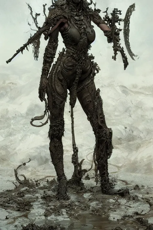 Image similar to a full body portrait of a beautiful post apocalyptic offworld nordic necromancer reposed by the bubbling mud pits, intricate, elegant, highly detailed, digital painting, artstation, concept art, smooth, sharp focus, illustration, art by krenz cushart and artem demura and alphonse mucha