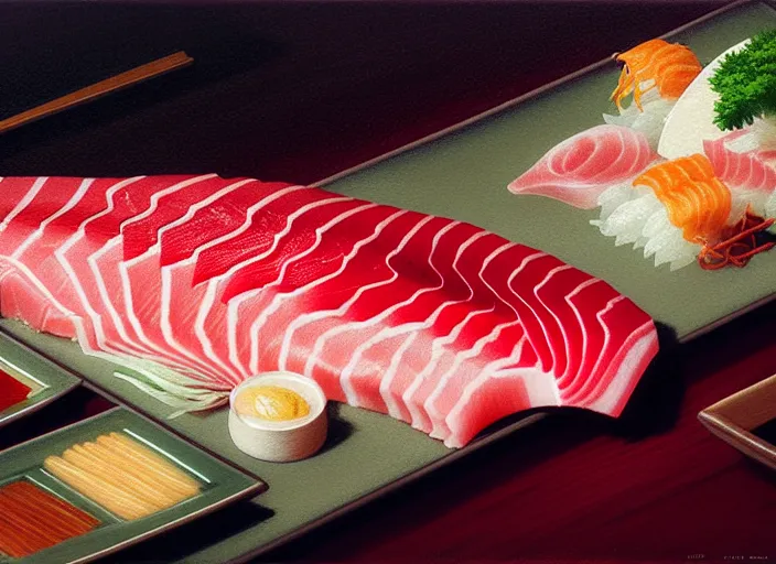 Image similar to a film still portrait of japanese food sashimi, finely detailed features, closeup at the food, perfect art, at a dinner table, gapmoe yandere grimdark, trending on pixiv fanbox, painted by greg rutkowski makoto shinkai takashi takeuchi studio ghibli, akihiko yoshida