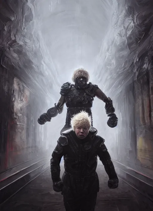 Prompt: ultra realist and ultra intricate detailed soft painting of a metal Putin fighting Boris Johnson in a futuristic hallway, sensual gloomy style, volumetric clouds, artstation, unreal render, depth of field