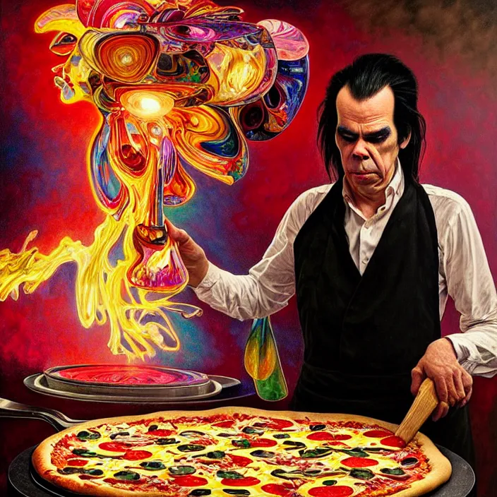 Image similar to bright psychedelic portrait of nick cave baking a pizza, diffuse lighting, fantasy, intricate, elegant, highly detailed, lifelike, photorealistic, digital painting, artstation, illustration, concept art, smooth, sharp focus, art by John Collier and Albert Aublet and Krenz Cushart and Artem Demura and Alphonse Mucha