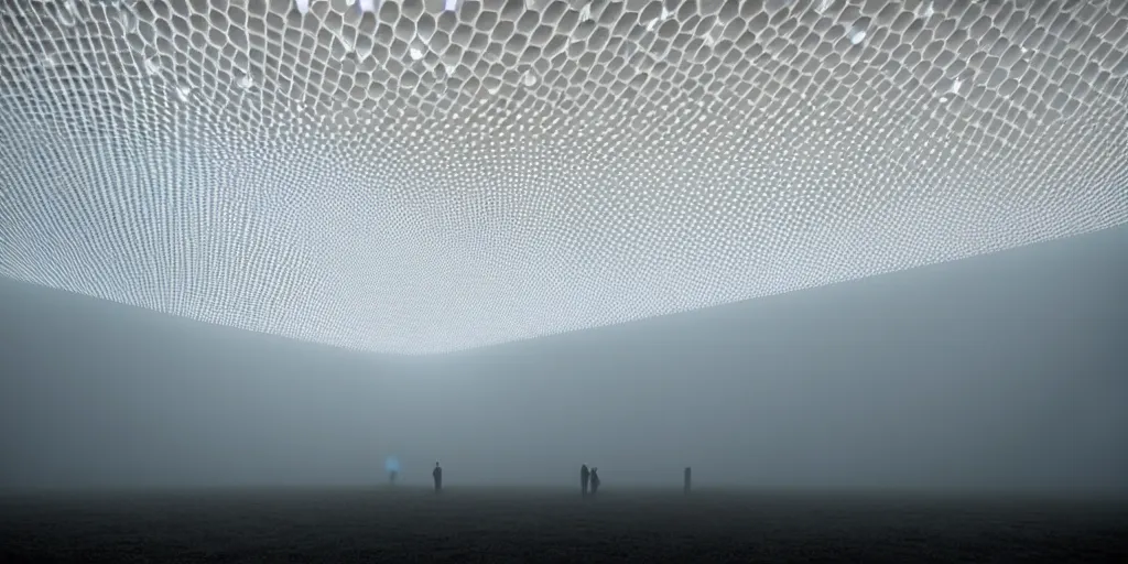 Prompt: white honeycomb organic illuminated building with warm illumination inside by kendall buster sits on the field evening atmosphere in low fog, 4 k, insanely quality, highly detailed, film still from the movie directed by denis villeneuve with art direction by zdzisław beksinski, telephoto lens, shallow depth of field