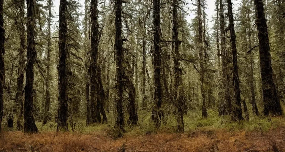 Image similar to First official image from Alejandro Landes' new western film Moss and Lead. Filmed by Jasper Wolf on ALEXA Mini, Vantage One T1 lens in Oregon's Siuslaw National Forest. Cinematography, contrast, nighttime.