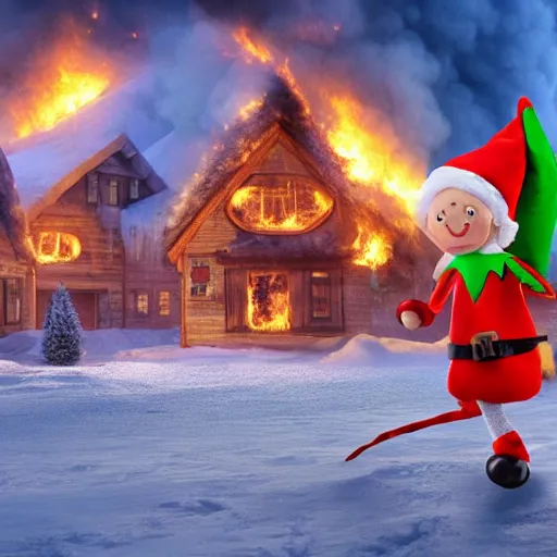 Image similar to angry christmas elves, north pole, buildings on fire in background, high detail, 8 k,