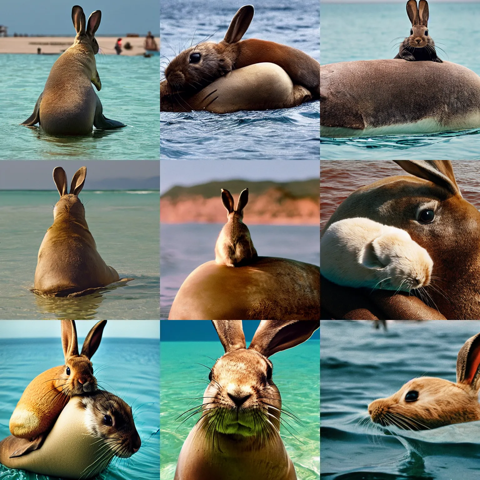 Prompt: photograph of a bunny on the back of a sea lion taken by wes anderson