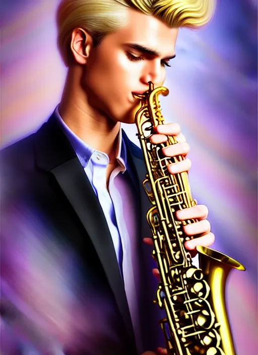 Image similar to photo of a gorgeous young blond man playing sax in the style of stefan kostic, realistic, sharp focus, 8k high definition, insanely detailed, intricate, elegant, art by stanley lau and artgerm