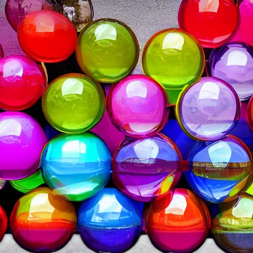 Prompt: Giant Translucent multicolored spheres, reflections, transparent, cracks, hd photograph