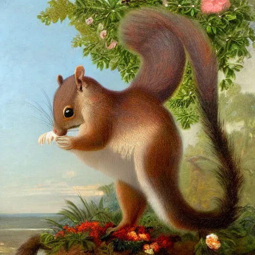 Image similar to a giant fluffy squirrel carrying napoleon bonaparte on its back, beach scene, flowers and foliage, detailed oil painting