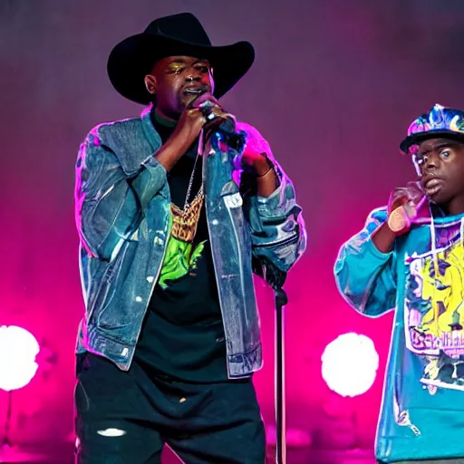 Prompt: dinosaur rapping on stage with lil nas x