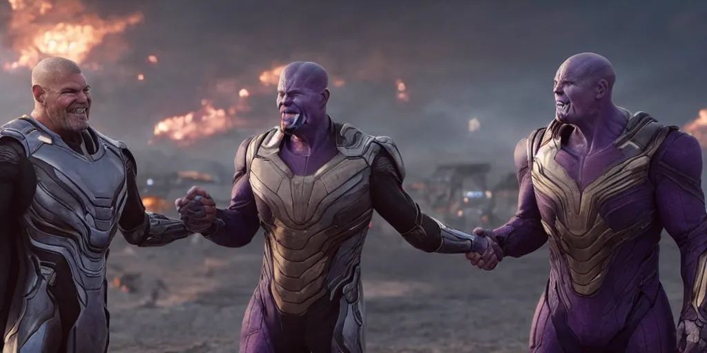 Image similar to an octane render from tom cruise shaking hands with thanos at the battle field of avengers endgame, cinematic, high resolution film render 100k, photo realistic