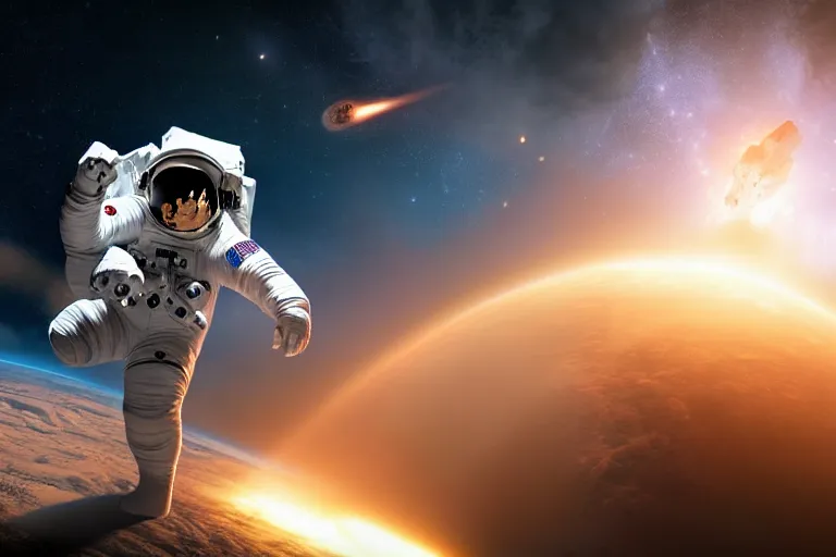 Image similar to astronaut in space wearing a spacesuit floating, meteor hitting earth in background, highly detailed, photorealistic portrait, bright studio setting, studio lighting, crisp quality and light reflections, unreal engine 5 quality render