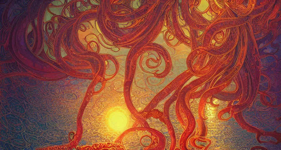 Prompt: insanely psychedelic ocean, giant octopus, ripples, backlit, sunset, refracted lighting, outdoors, paisley pattern, elegant, 8 k resolution, intricate and fine details, digital painting, artstation, illustration, psychedelic ocean art, krenz cushart, alphonse mucha