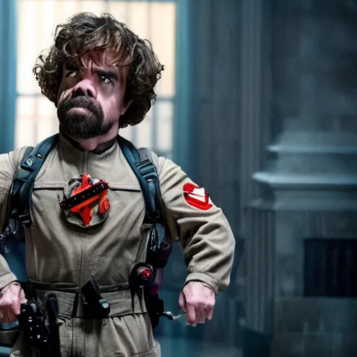 Image similar to stunning awe inspiring peter dinklage as a ghostbuster in the movie ghostbusters, movie still 8 k hdr atmospheric lighting