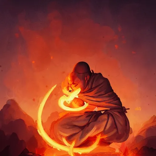 Prompt: a meditating fire monk in the desert, behind him a giant fire yin and yang symble, perfect art, trending on artstation, high definition, in the artstyle of peter mohrbacher