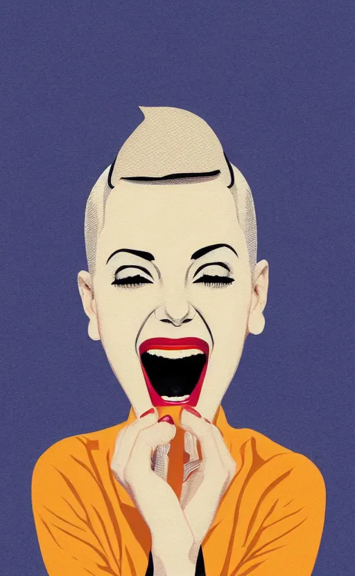 Image similar to illustration portrait of a woman with white buzzcut laughing out loud, art deco painting by tom whalen, by tomer hanukam funny meme photo, trending on behance, digital illustration, storybook illustration, grainy texture, flat shading, vector art, airbrush, pastel, watercolor, poster