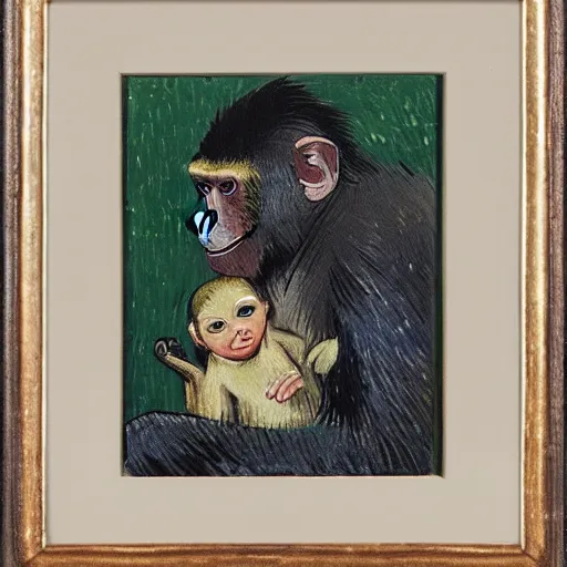 Prompt: a beautiful oil painting of a monkey smiling and hugging a baby human , 8k , award winning , made in 1800's , old , painted by vincent van gogh