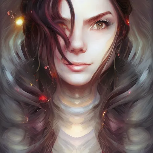 Image similar to Libromancer Fireburst, heroine, beautiful, playful smile, detailed portrait, intricate complexity, in the style of Artgerm, Kazuki Tanahashi, and WLOP, quixel megascan