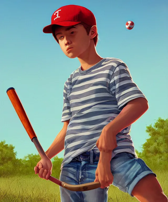 Prompt: a young boy wearing a horizontal striped shirt and a red baseball cap and jean shorts, holding a baseball bat, centered composition, digital painting, artstation, concept art, sharp focus, octane render, illustration, art by geof darrow,