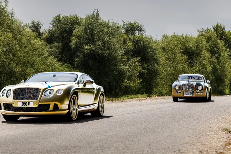 Prompt: Bentley Continental GT in shiny gold film drives along old Russian village road