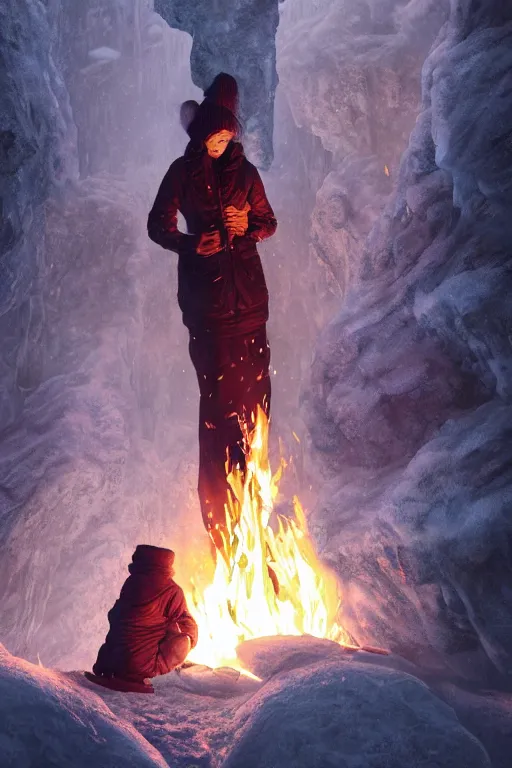 Prompt: A beuatiful women trying to stay warm with a campfire in an icy cave by Greg Rutkowski, beeple, Sung Choi, Mitchell Mohrhauser, Maciej Kuciara, Johnson Ting, Maxim Verehin, Peter Konig, final fantasy, macro lens, 35mm, 8k photorealistic, cinematic lighting, HD, high details, dramatic, dark atmosphere, trending on artstation