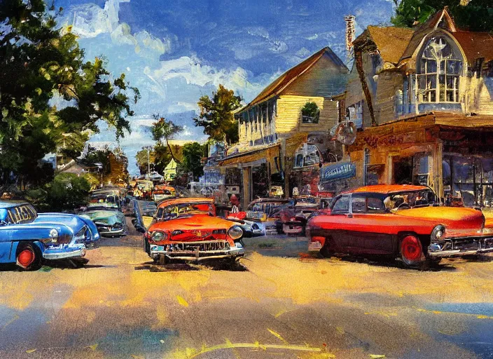 Image similar to small rural town in middle america 1950s hotrods driving down a street , vintage, high detail, golden hour, 8K, by John Berkey
