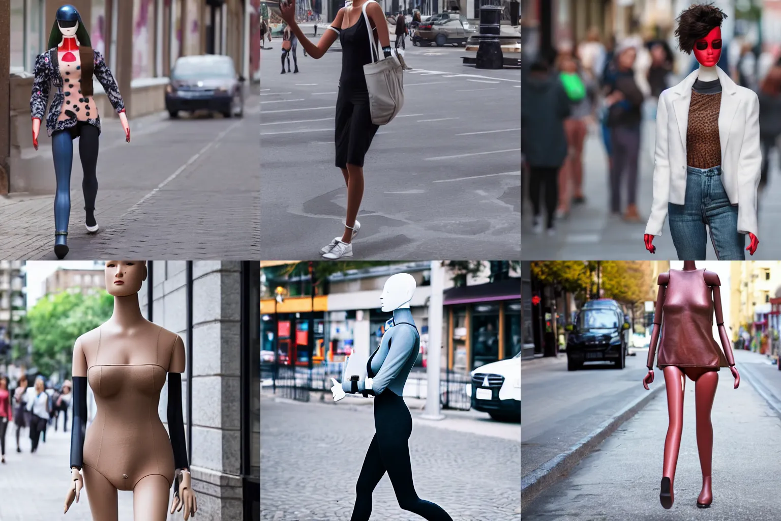 Prompt: a female mannequin walking down the street