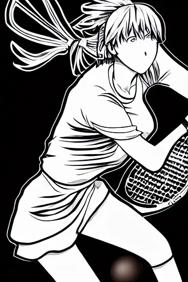 Image similar to slim girl playing tennis, black and white artwork in manga style, made by kentaro miura