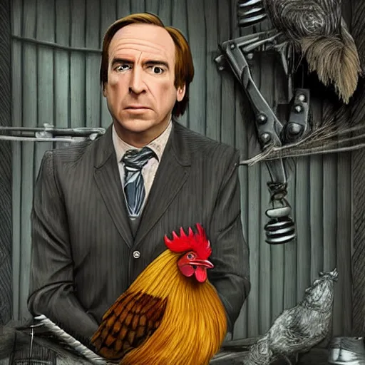 Image similar to saul goodman and a rooster in a medieval torture chamber, saw blades and knives in the background, horror movie, saul goodman, rooster, real life photo, detailed face