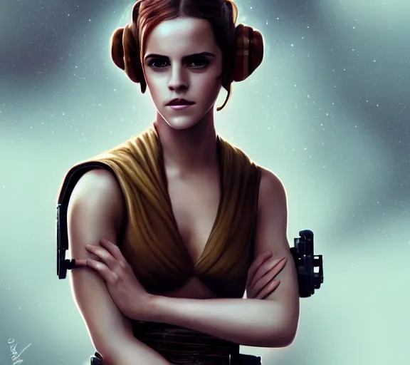 Prompt: photography of a sensual emma watson dressed like princess leia slave girl outfit star wars, deep focus, intricate, elegant, highly detailed, digital painting, artstation, concept art, matte, sharp focus, illustration