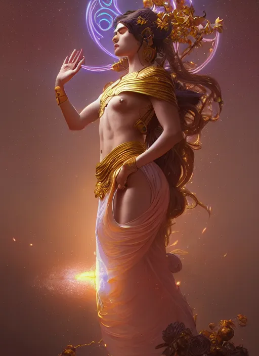 Prompt: Divine cosmic female power, glyphs, magic, artstation, cgsociety, very detailed, intricate, detailed illustration, by artgerm and greg rutkowski and alphonse mucha, octane render, unreal engine, hyperrealism