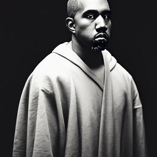 Image similar to a chiaroscuro lighting portrait of kanye west dressed as rick owens, black background, portrait by julia margaret cameron, shallow depth of field, 8 0 mm, f 1. 8