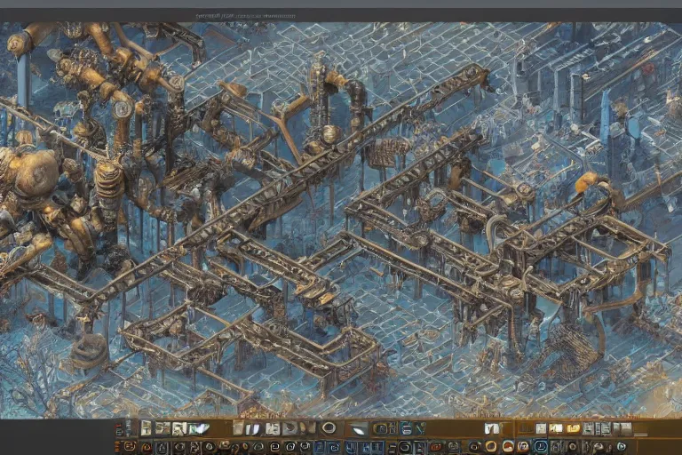 Image similar to factorio, art by den beauvais and rudolph belarski and thomas kidd, trending on artstation, iridescent lighting product view blueprint, narrative realism, featured on artstation, unreal engine 5, brocade