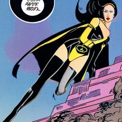 Image similar to 1 9 8 0's superheroine in black with golden trim, a long cape, platinum blood hair in a heroic pose in the style of dave gibbons