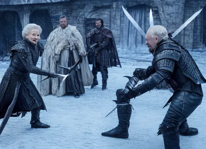 Image similar to a screenshot of betty white fighting the night king with a sword in an episode of game of thrones