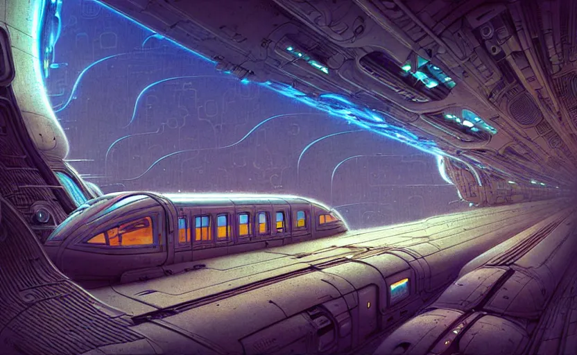 Image similar to urban train design only! 2 0 5 0 s retro future art 1 9 7 0 s science fiction borders lines decorations space machine, mech, robot. muted colors. by jean - baptiste monge, ralph mcquarrie, marc simonetti, 1 6 6 7. mandelbulb 3 d, fractal flame, jelly fish, coral, cinematic lightning