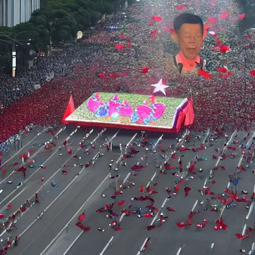 Image similar to singapore national day parade, giant hologram of lee kuan yew floating overhead