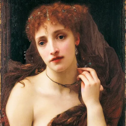 Image similar to a renaissance oil painting close shot face portrait by alma tadema of a demon vampire fangs beautiful woman touching neck, sapphire jewellery, colourful pastel, detailed academic bouguereau, sharp focus, high contrast studio lighting