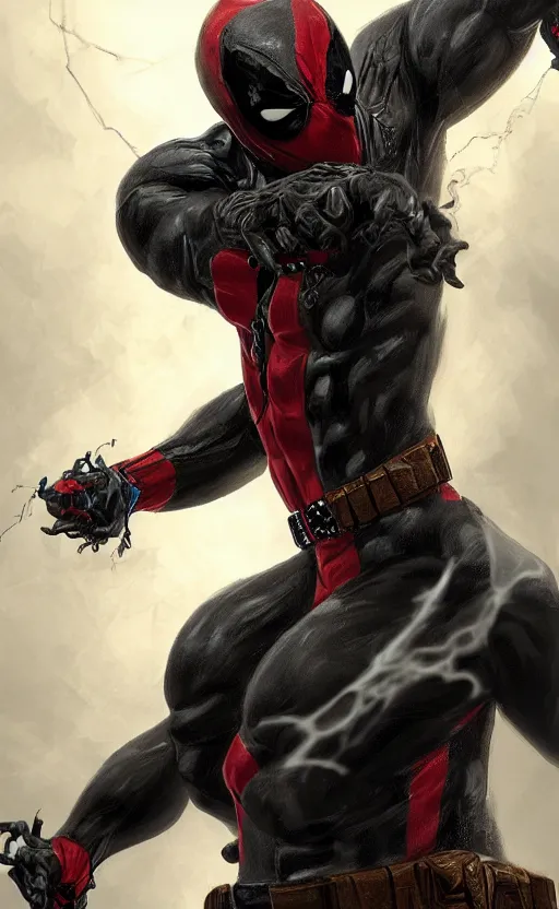 Image similar to venom as deadpool, dynamic lighting, photorealistic fantasy concept art, trending on art station, stunning visuals, terrifying, creative, cinematic