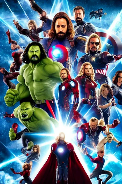 Image similar to poster for a marvel avengers movie featuring jesus christ, photorealistic, cinematic lighting, extremely detailed, marvel cinematic universe