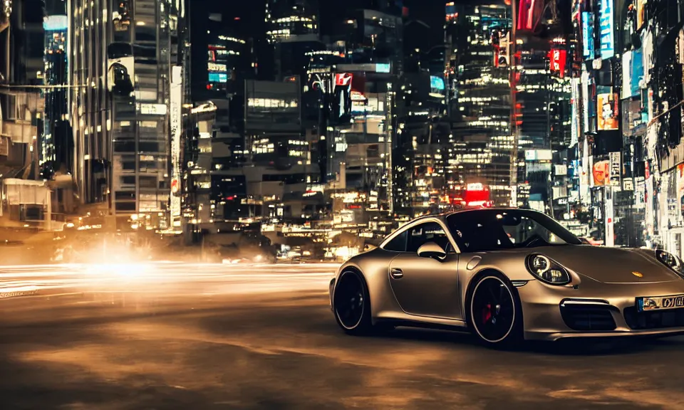 Image similar to photo of a porsche 911 at night drifting through a city, cinematic, 4k, long exposure photography, tokyo drift, fast and furious, film still, night photography, motion blur, lens flare, movie shot, light trail, distortion, wide angle