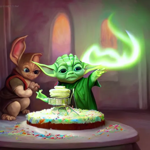 Prompt: (baby yoda) smashing his hand into his birthday cake with candles, mischievous, inquisitive, devious, hilarious, funny, by Tyler Edlin