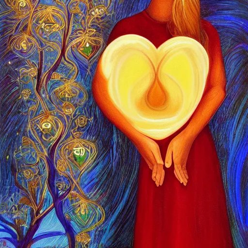 Prompt: a painting of a woman holding a glowing golden heart in the water, an acrylic on canvas painting by amanda sage and magali villenueve, louvre contest winner, gold foil, metaphysical painting, wiccan, mystical, tarot card art