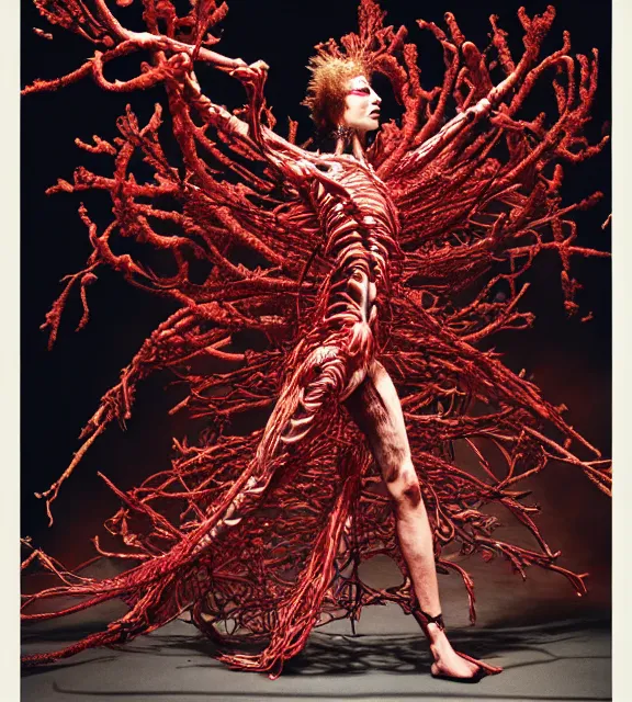 Image similar to still frame from Prometheus harvest goddess cyborg in crimson filament mycelium dressed by Neri Oxman and alexander mcqueen metal couture haute couture editorial by utagawa kuniyoshi by giger