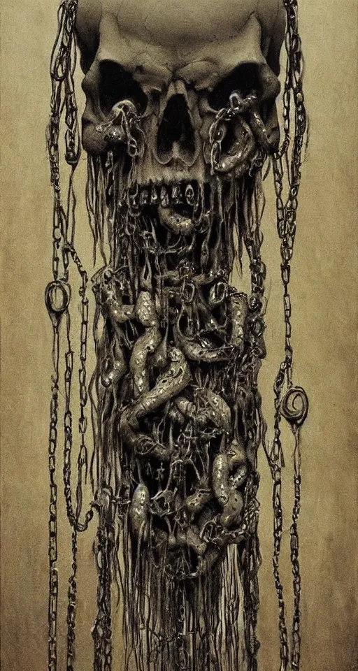 Prompt: creepy levitating skull ghosts with chains and long beautiful flowing translucent cloth, symmetrical, cursed faces, occult, dim lighting, incredibly detailed and intricate, elegant, melancholic, immaculate, forgotten, Beksinski